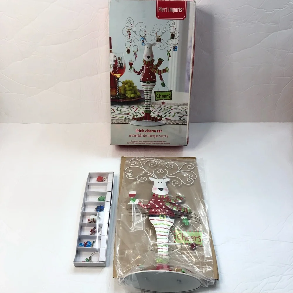 Pier One Imports Drink Charm Set Reindeer Wine 8 Charms Christmas New